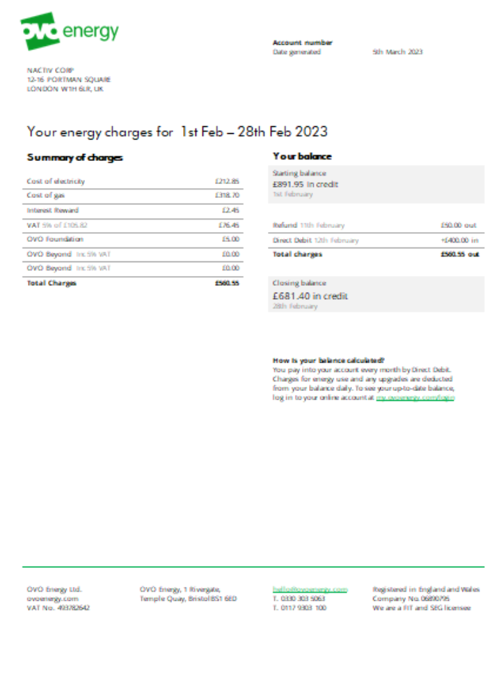 Download Ovo Energy electricity business bill,  SCR Photoshop template